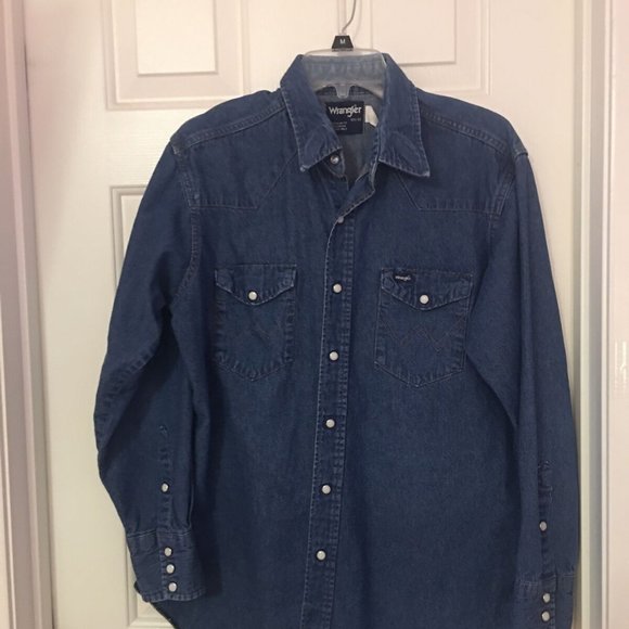 Other - Wrangler Western Blue Denim Shirt Size 16.5/33 Pearl Snaps X- Long Tails